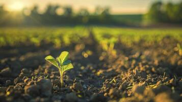 ai generato emergente vita, mattina leggero si illumina piccolo germogli crescente nel un agricolo campo, con il riposo di il paesaggio dolcemente sfocato nel il sfondo foto