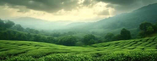 ai generato tè piantagione verde paesaggio nel il montagne foto