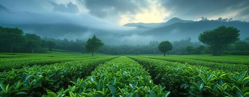 ai generato tè piantagione verde paesaggio nel il montagne foto