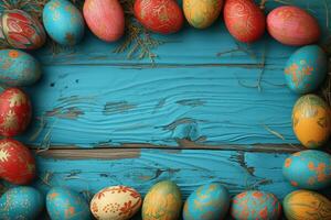 ai generato colorato di legno Pasqua uova rendere su un' telaio foto
