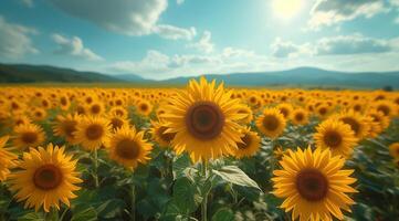 ai generato d'oro girasole su campo e blu cielo azione foto