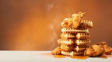 ai generato pila di gustoso cialde con miele su tavolo, su Marrone sfondo foto