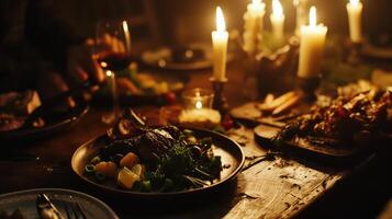 ai generato tavolo servito per Natale cena nel il scuro. selettivo messa a fuoco. foto