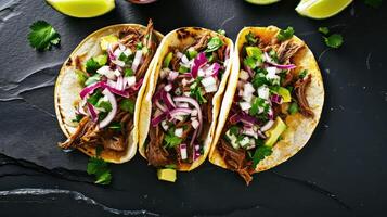 ai generato messicano tacos con manzo, cipolla e coriandolo su buio di legno sfondo foto