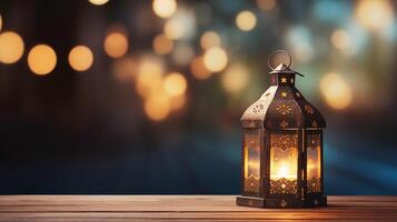 ai generato lanterna su di legno tavolo contro bokeh sfondo, islamico celebrazione, Ramadan sfondo foto