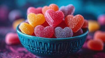 ai generato assortito ricoperti di zucchero, a forma di cuore caramelle nel un' turchese ciotola contro un' sfocato sfondo, incarnando dolce San Valentino fascino. foto