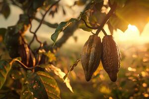 ai generato cacao fagioli su un' albero foto