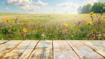 ai generato bandiera vuoto di legno tavolo piattaforma con fiori selvatici fiorire sfondo. per Prodotto Schermo foto