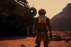 ai generato coraggioso astronauta nel il spazio completo da uomo esplora rosso pianeta Marte coperto nel nebbia. avventura. spazio viaggio. neurale Rete ai generato foto