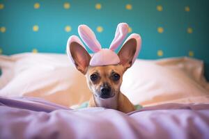 ai generato ai generato Immagine. carino poco cane su un' letto indossare Pasqua coniglietto orecchie foto