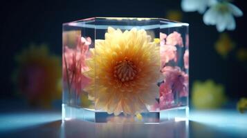 ai generato Immagine. coltivazione di raggiante fiori dentro il trasparente bicchiere cubo contenitore nel scientifico laboratorio foto