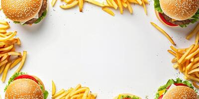 ai generato superiore Visualizza di gustoso hamburger con francese patatine fritte su bianca sfondo. foto