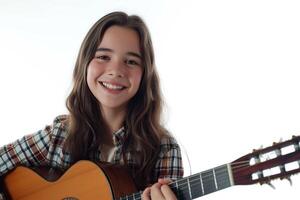 ai generato sorridente ragazza giocando chitarra isolato su bianca sfondo. foto
