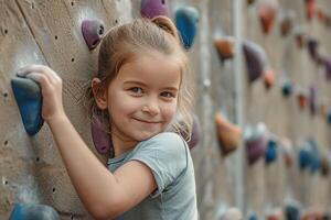 ai generato carino poco ragazza arrampicata su un' arrampicata parete. foto