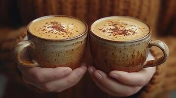 ai generato donna di mano Tenere un' tazza di caffè latte macchiato foto