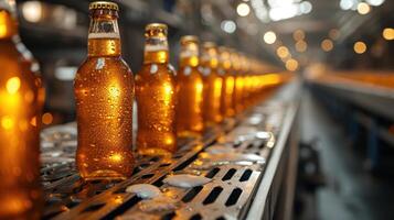 ai generato birra bottiglie su produzione linea, fabbrica sfondo copia Immagine la zona foto