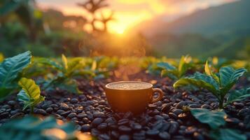 ai generato caldo caffè tazza con arrostito biologico caffè fagioli su di legno tavolo dietro a il caffè piantagione foto