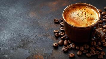 ai generato caffè tazza e fagioli su nero sfondo superiore Visualizza con copia spazio foto