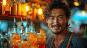 ai generato asiatico uomo Lavorando nel bar preparazione colorato cocktail scatti nel bar foto