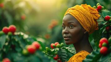 ai generato africano giovane donna raccolta caffè ciliegie, est Africa foto