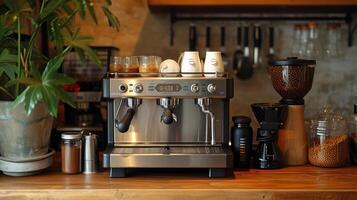 ai generato macchina per fabbricazione caffè, caffè espresso, barista, bar, ristorante foto