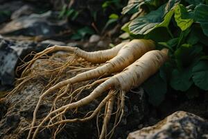 ai generato selvaggio ginseng radici pianta, Cinese erbaceo farmacia foto