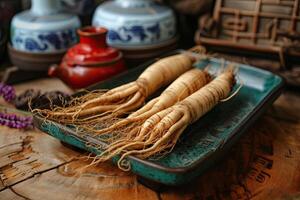 ai generato selvaggio ginseng radici pianta, Cinese erbaceo farmacia foto