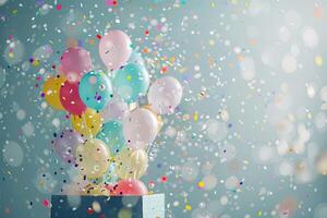 ai generato aprile sciocchi giorno striscione, colorato palloncini e coriandoli volante su di un' regalo scatola, festa, compleanno foto