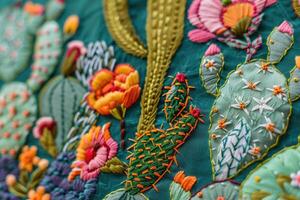 ai generato messicano ricamo con cactus, fiori, uccelli, perline foto