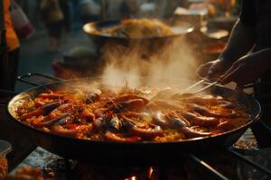 ai generato tradizionale spagnolo paella con frutti di mare, pollo, riso e verdure servito nel un' padella foto