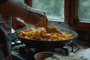 ai generato tradizionale spagnolo paella con frutti di mare, pollo, riso e verdure servito nel un' padella foto