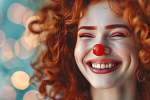 ai generato aprile sciocchi giorno striscione, divertente clown circo esecutore, Riccio rosso dai capelli ragazza con un' clown naso foto