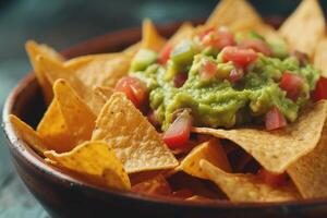 ai generato avvicinamento avocado guacamole tuffo con tortilla patatine fritte nachos foto