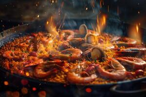 ai generato tradizionale spagnolo paella con frutti di mare, pollo, riso e verdure servito nel un' padella foto