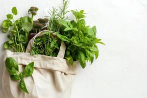 ai generato la verdura, erbe aromatiche, lattuga, biologico produrre eco confezione, riciclabile eco Borsa, sostenibile shopping foto