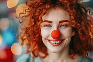 ai generato aprile sciocchi giorno striscione, divertente clown circo esecutore, Riccio rosso dai capelli ragazza con un' clown naso foto