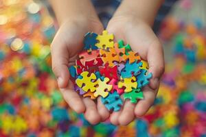 ai generato mani di un autistico bambino hold un' colorato puzzle. mondo autismo consapevolezza giorno foto