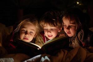 ai generato figli di lettura un' libro insieme. internazionale figli di libro giorno foto