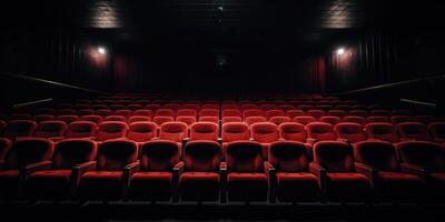 ai generato rosso cinema sedie nel un' buio Teatro con riflettore illuminazione. concetto di intrattenimento. davanti Visualizza. generativo ai foto