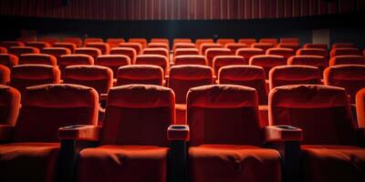ai generato lussuoso rosso film Teatro posti a sedere nel un' debolmente illuminato vuoto cinema. velluto Teatro posti a sedere nel righe. generativo ai foto
