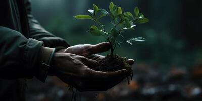 ai generato avvicinamento di un' persona mani Tenere albero nel un' foresta ambientazione. ambientale conservazione. generativo ai foto