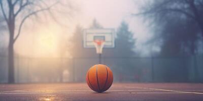 ai generato pallacanestro su urbano vuoto Tribunale con nebbia sfondo. al di fuori streetball terreno di gioco. generativo ai foto