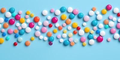 ai generato molte di colorato pillole su blu sfondo. superiore Visualizza di vitamina supplemento, droghe. medicazione dipendenza concetto foto