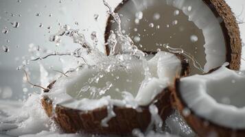 ai generato ha aperto Noce di cocco con spruzzo di Noce di cocco latte foto