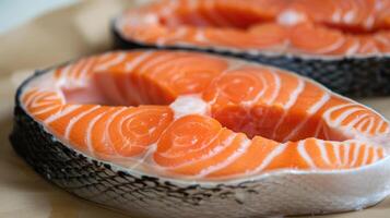 ai generato crudo salmone bistecche avvicinamento foto