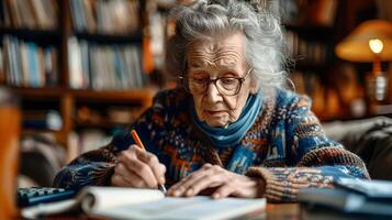 ai generato anziano donna, nonna seduta nel il biblioteca a il tavolo e scrittura giù spese nel un' taccuino, Il prossimo per sua mani Là è un' calcolatrice e ricevute, fatture foto