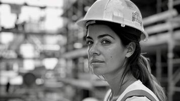 ai generato bw foto ragazza costruttore nel difficile cappello e a costruzione luogo