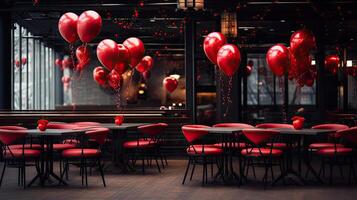 ai generato il tavoli nel il bar siamo decorato con rosso palloncini nel il forma di un' cuore per San Valentino giorno. ai generato foto