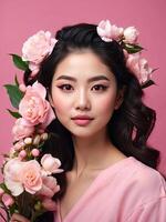 ai generato giovane brunetta asiatico donna con acconciatura di primavera fiori nel sua capelli su un' rosa solido sfondo con copia spazio. femminile bellezza ritratto, trucco, acconciatura, stilista, femminile energia foto