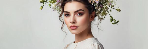 ai generato un' giovane brunetta donna con un' acconciatura di primavera fiori nel sua capelli su un' bianca solido sfondo. femminile bellezza ritratto, trucco, acconciatura, stilista, femminile energia foto